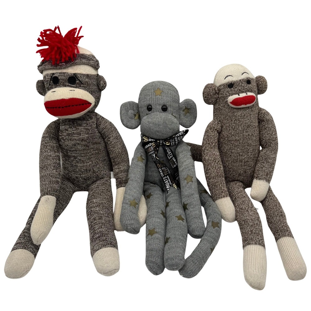 Sock Monkey Plush Star Graduate Bundle of 3 Multicolor Stuffed Classic‎ Decor